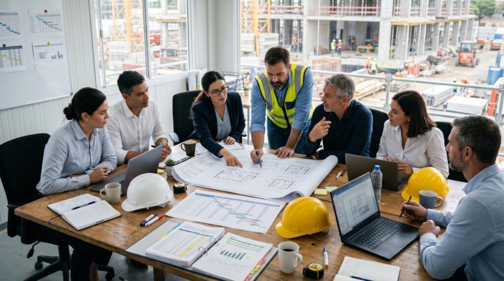 Construction manager and architects reviewing blueprints and project plans inside a construction site office.