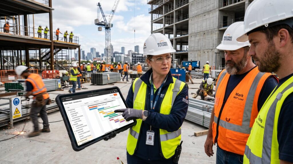 Construction manager using scheduling software to coordinate contractors and project timelines on-site.