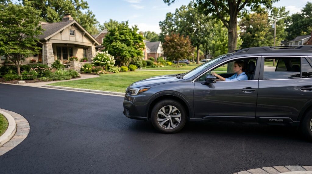 Driver carefully protecting fresh asphalt by driving slowly on a new driveway