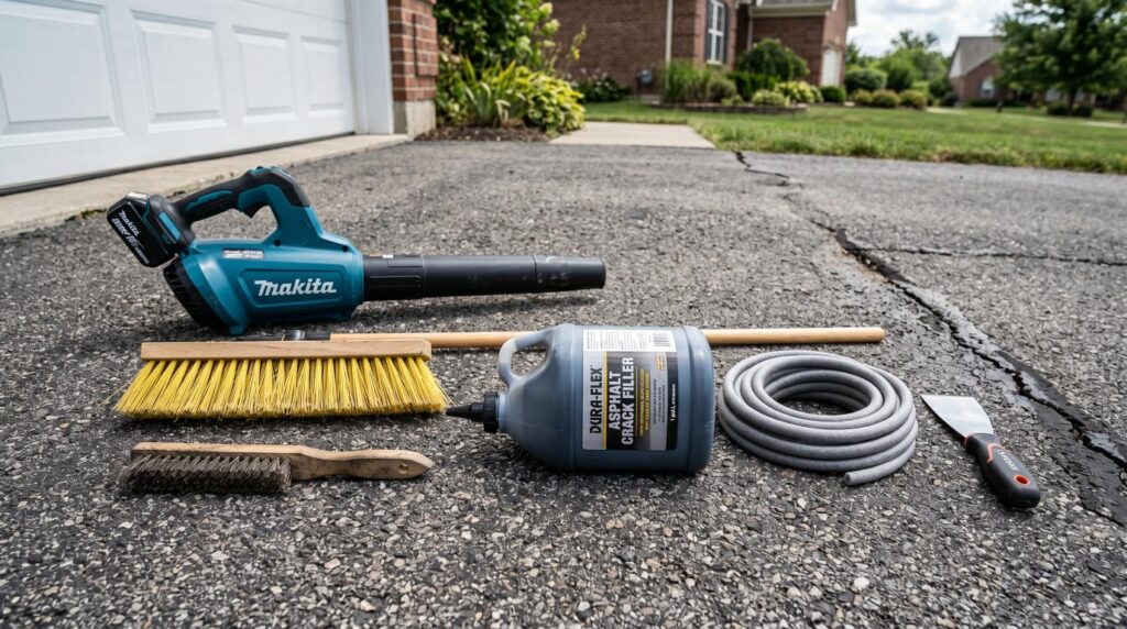 Tools and materials used for sealing cracks in asphalt driveway.