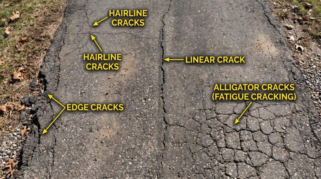 Different types of asphalt driveway cracks including hairline, linear, edge, and alligator cracks.