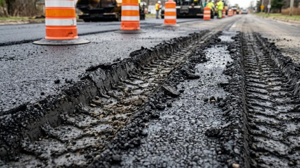 Tire marks and surface damage caused by driving on fresh asphalt too early