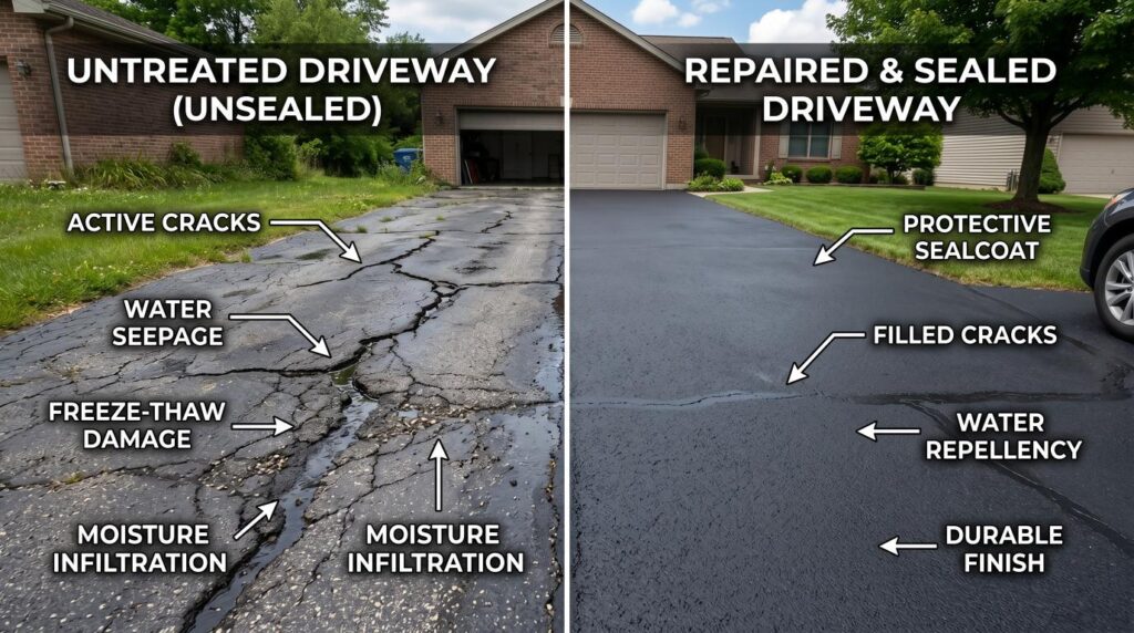 Comparison of cracked asphalt driveway with water damage and properly sealed cracks.