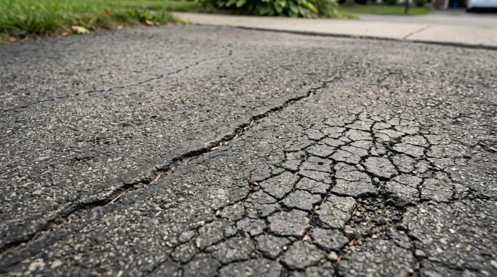 Close-up of asphalt driveway surface showing linear crack and alligator crack pattern damage