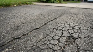 Close-up of asphalt driveway surface showing linear crack and alligator crack pattern damage