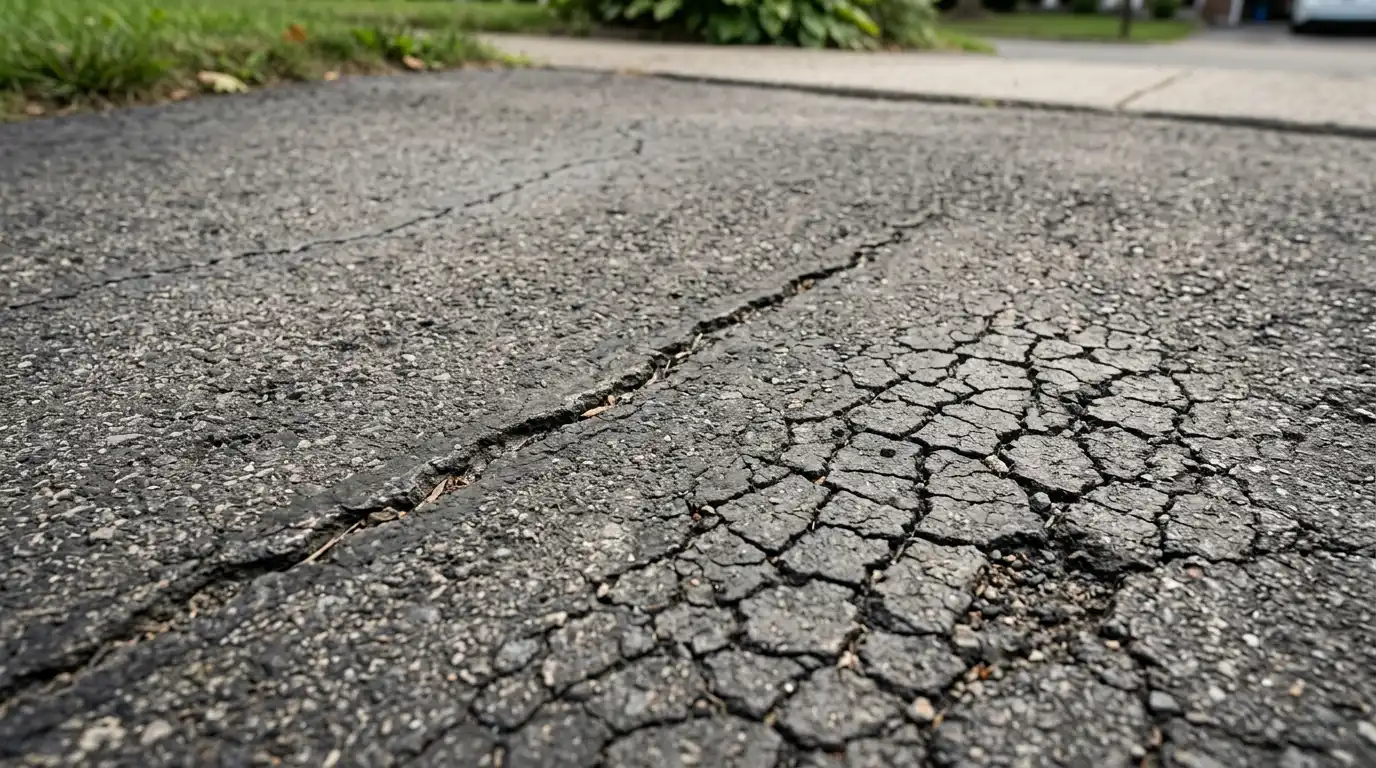 Close-up of asphalt driveway surface showing linear crack and alligator crack pattern damage