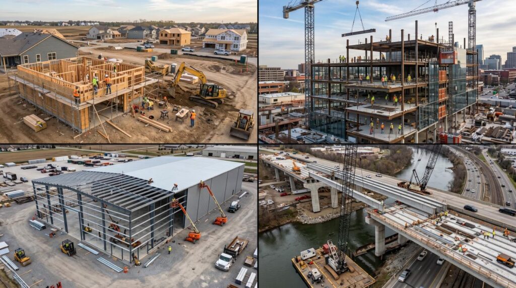 Different types of construction projects including residential, commercial, industrial, and infrastructure developments.