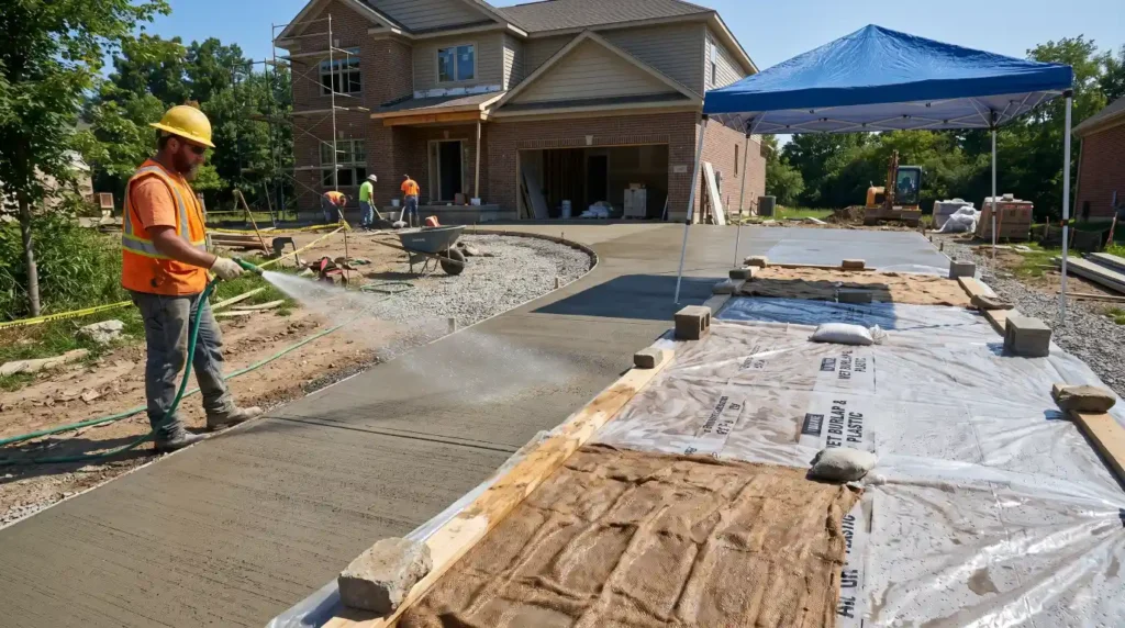 Worker keeping fresh concrete moist using water and protective coverings during curing.