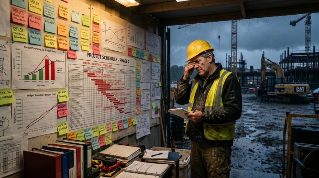 Construction project manager dealing with common challenges like delays and budget overruns