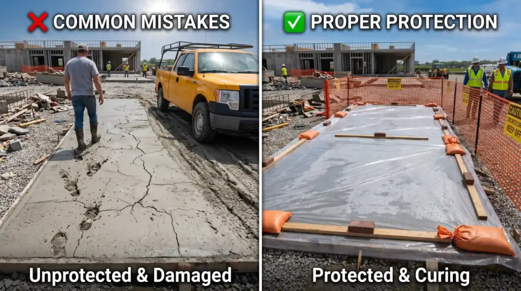 Common concrete curing mistakes compared with proper curing methods to prevent cracks.