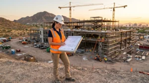 Construction project manager reviewing plans on a Phoenix AZ job site