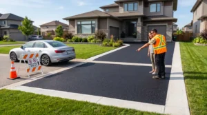 Freshly paved asphalt driveway with a car waiting before driving on the new surface.