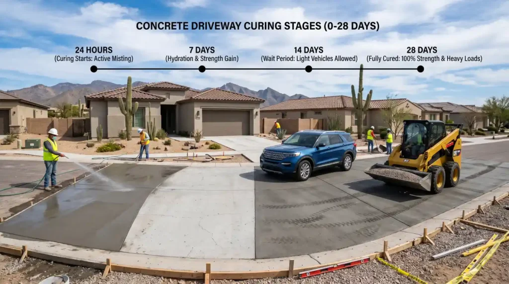 Concrete curing timeline showing fresh concrete gaining strength from 24 hours to 28 days.