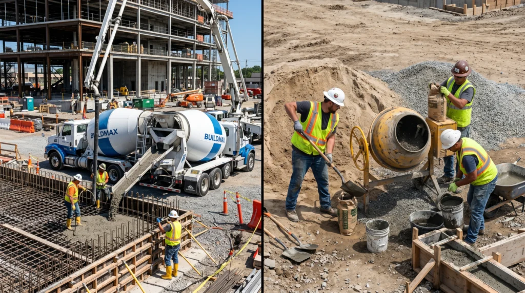 Ready mix concrete truck versus site mix concrete preparation on a construction site