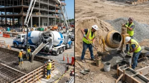 Ready mix concrete truck versus site mix concrete preparation on a construction site