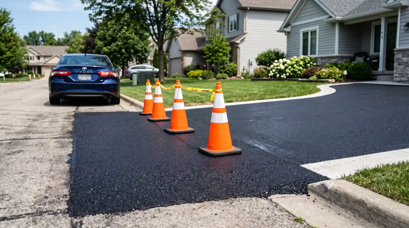 New asphalt driveway blocked with safety cones while waiting before driving.