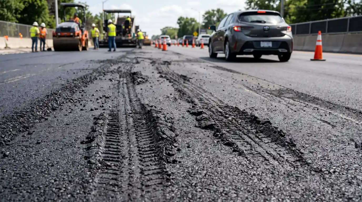 Tire marks and surface damage caused by driving on fresh asphalt too soon.