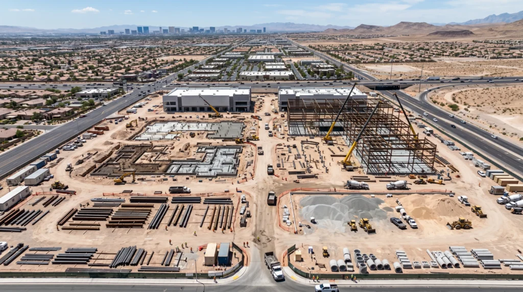 Aerial view of an active construction project management site