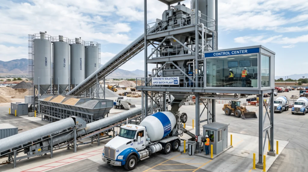 Ready mix concrete being produced at a batching plant and loaded into a transit mixer truck