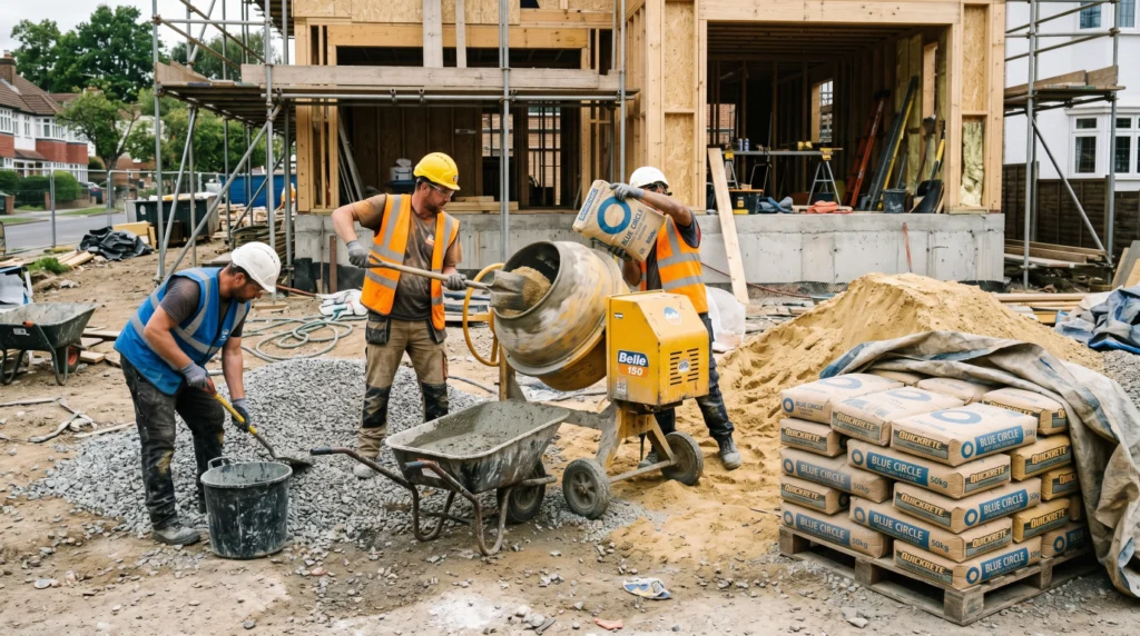 Workers preparing site mix concrete with a portable mixer and construction materials