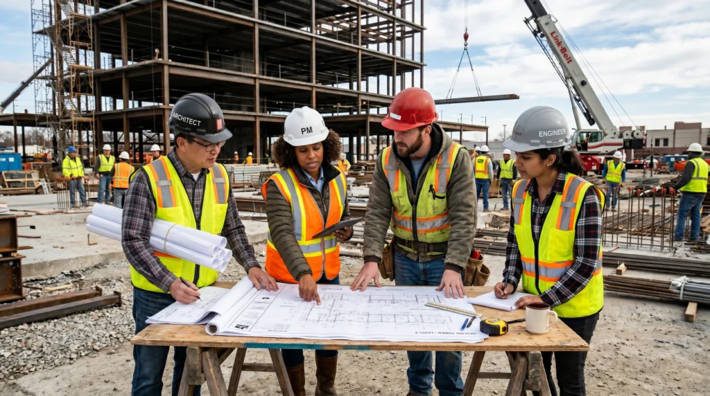 Key roles in construction project management team reviewing blueprints on site