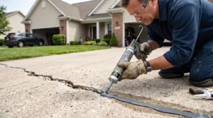 Homeowner repairing a cracked concrete driveway with concrete crack filler
