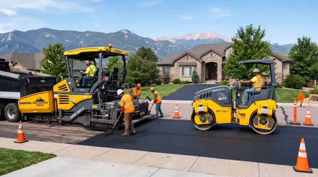 Professional asphalt driveway contractors installing a new residential driveway.