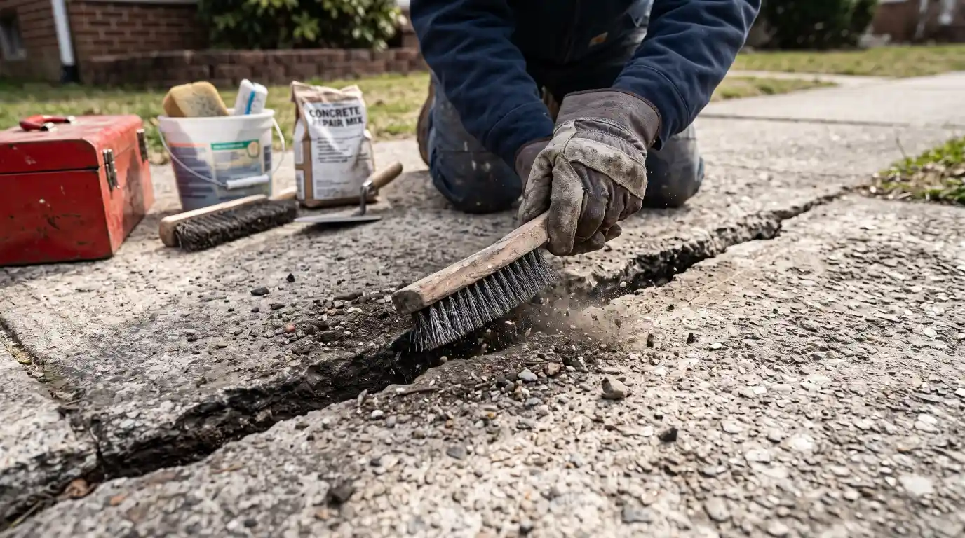 Step-by-step repair of a concrete crack using crack filler