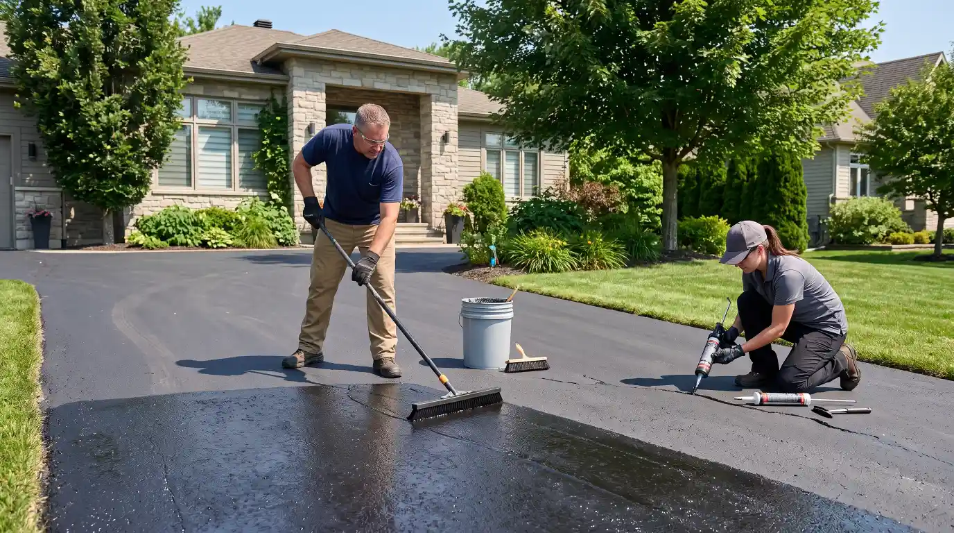 Maintaining an asphalt overlay with sealcoating and crack repair.
