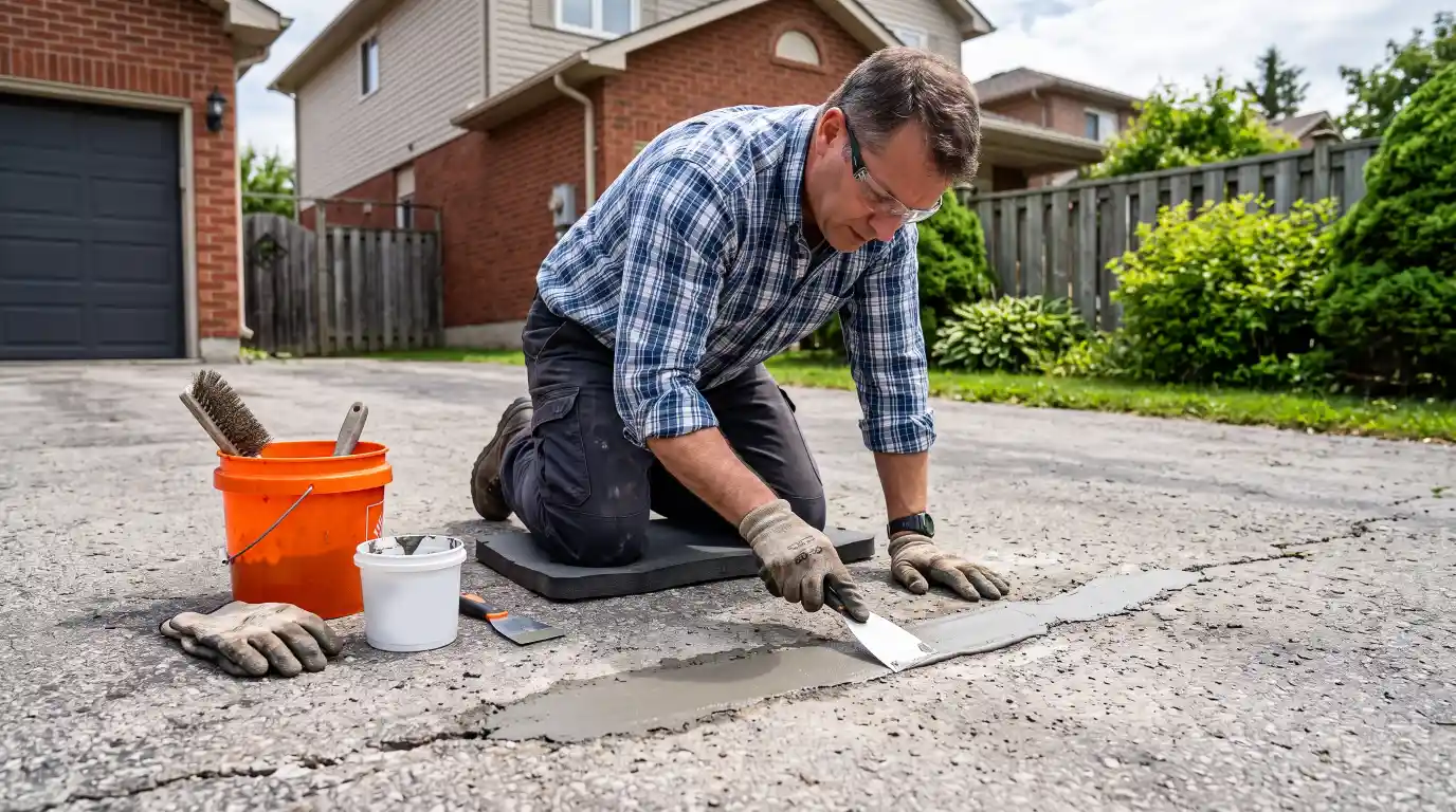 Repairing concrete driveway cracks with patch compound