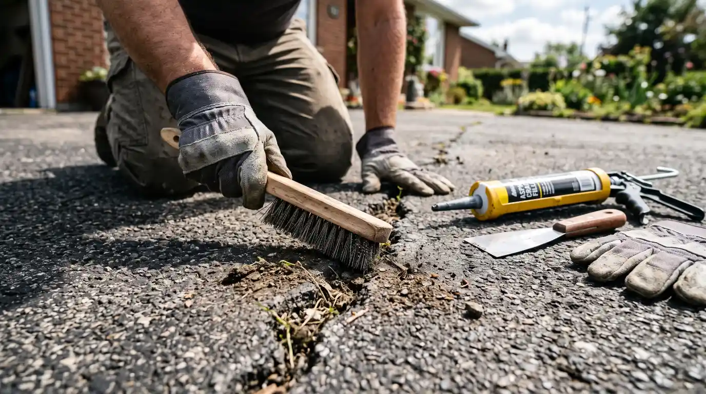 Cleaning and filling a driveway crack step by step