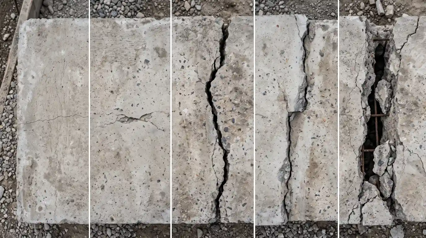 Different types of concrete cracks on a concrete slab