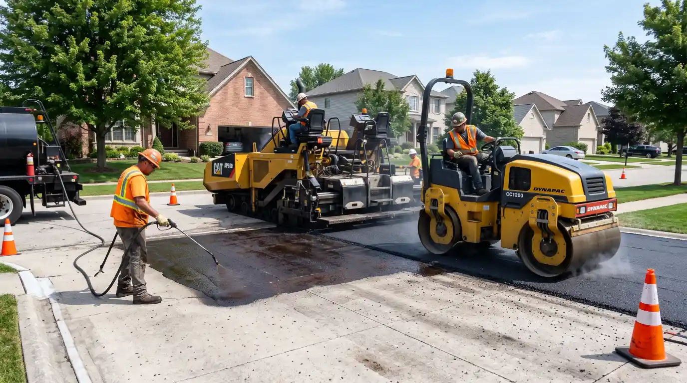 Installing asphalt over concrete using a tack coat and paving equipment.