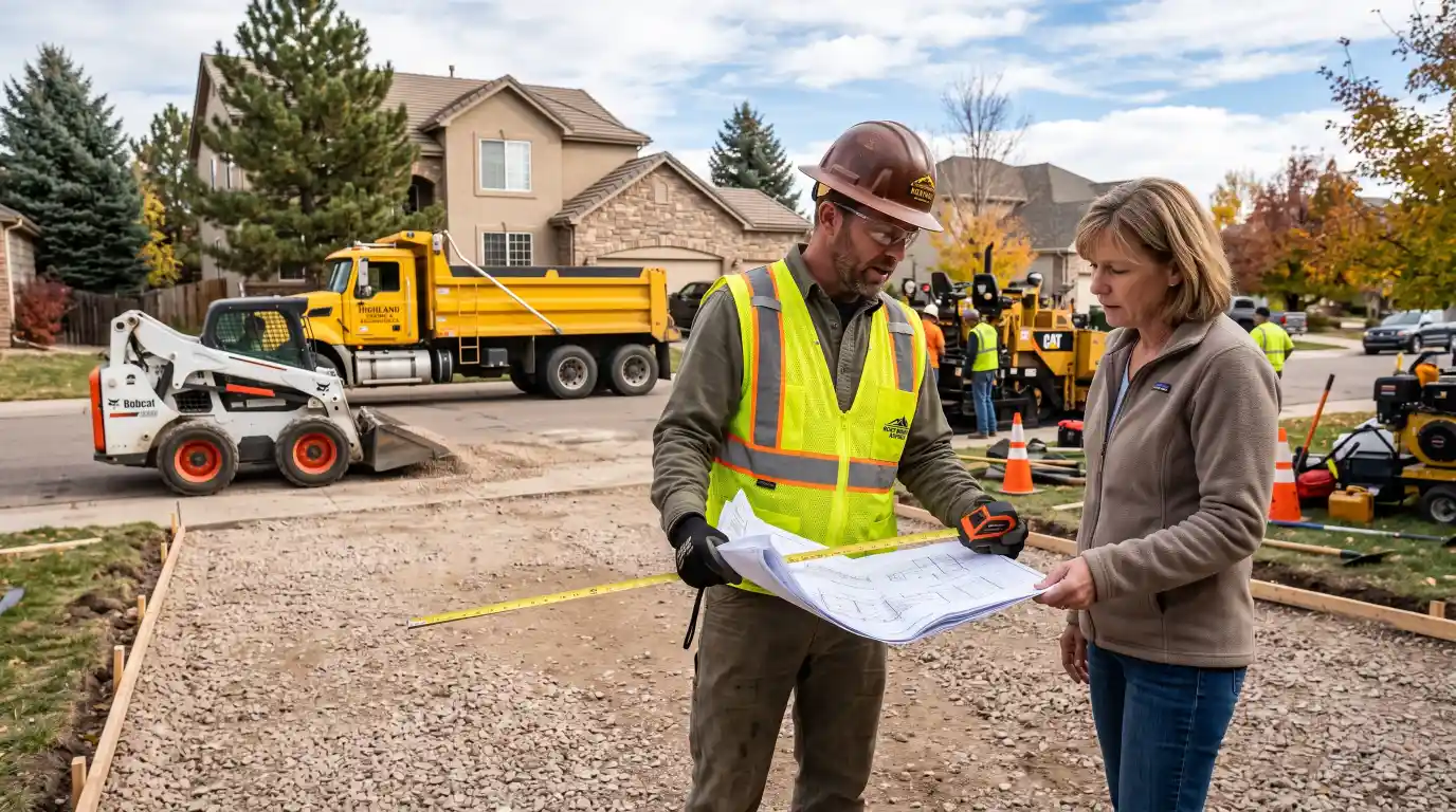 Asphalt driveway contractor inspecting a residential paving project.