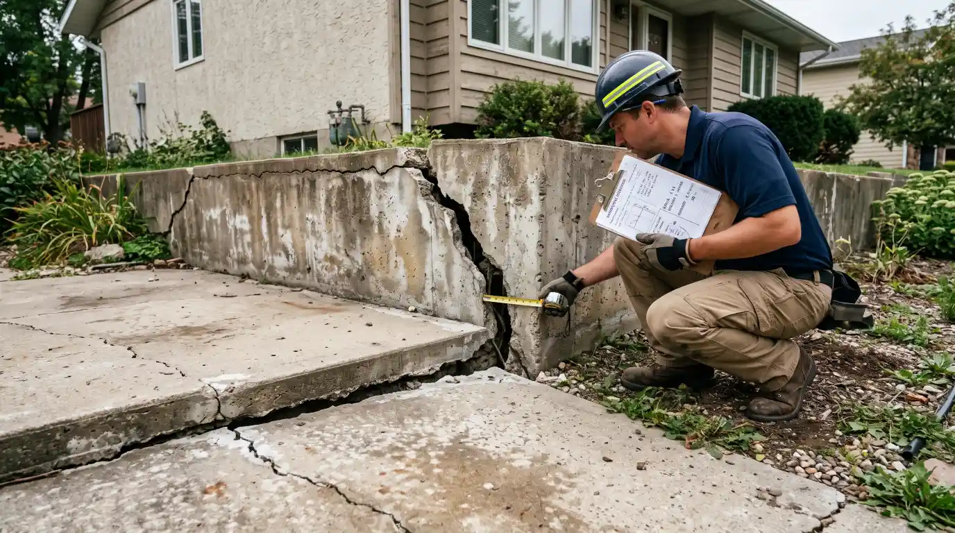 Professional inspecting a large structural crack in concrete