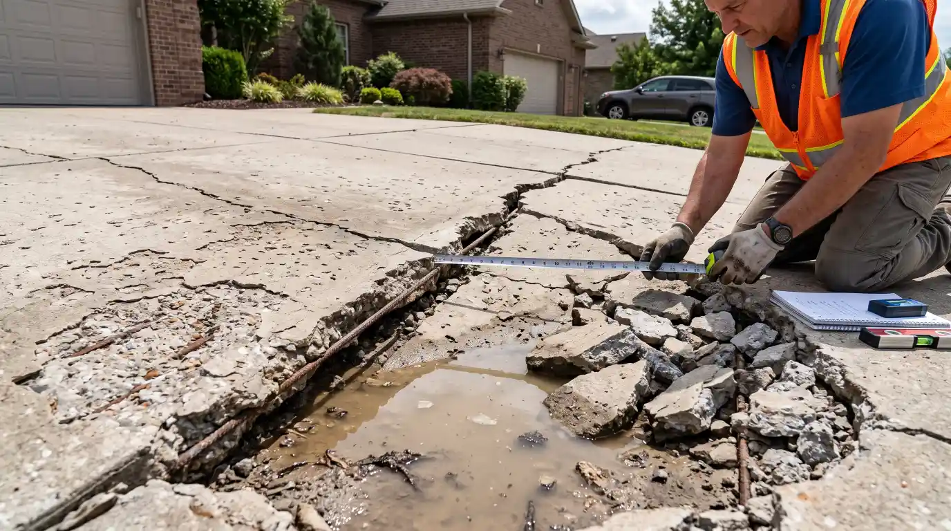 Damaged concrete with cracks and sinking before asphalt overlay.