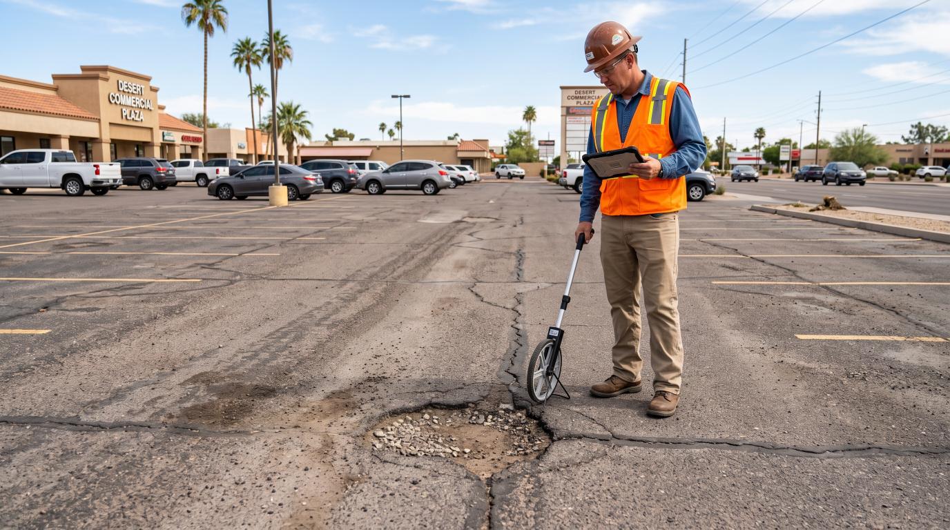 Common pavement problems including cracks, potholes, rutting, and surface wear