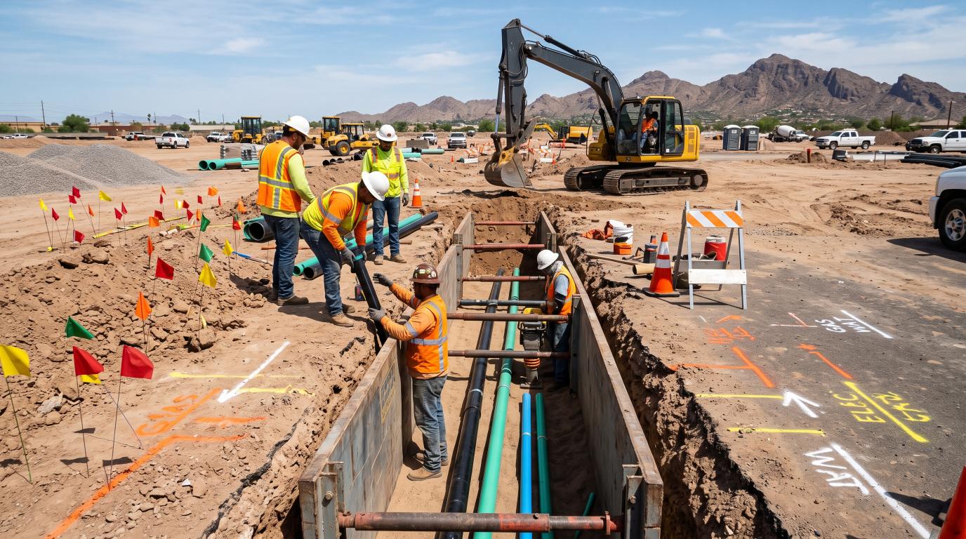 Workers installing underground utility lines in a planned construction sequence