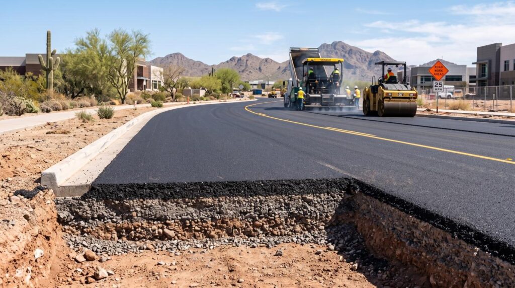 What is pavement showing an asphalt pavement surface and supporting layers in Phoenix