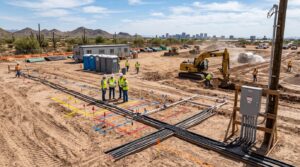 Construction site utilities including temporary power, water, drainage, and sanitation in Phoenix
