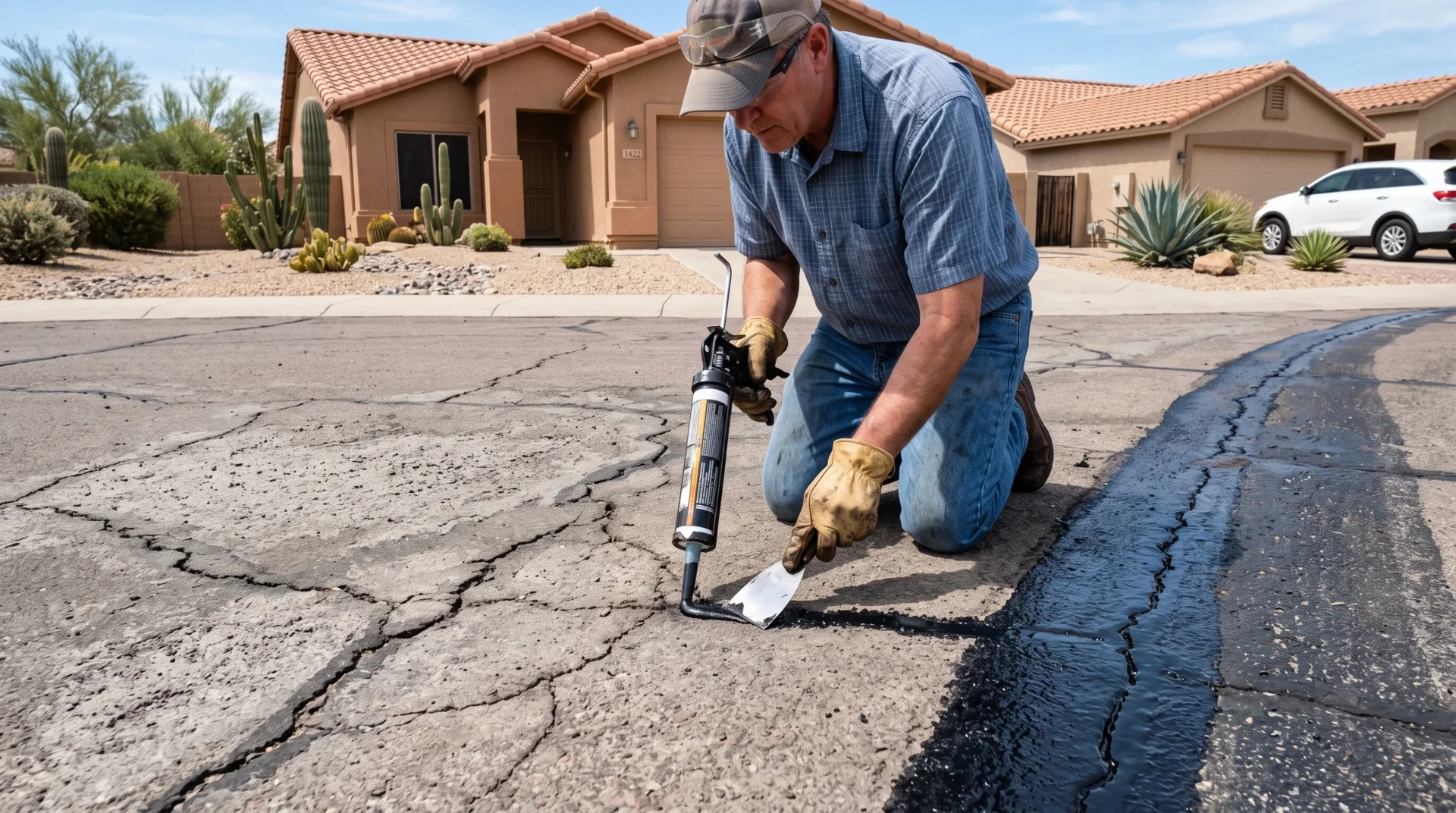 Applying asphalt driveway crack filler to repair driveway cracks.