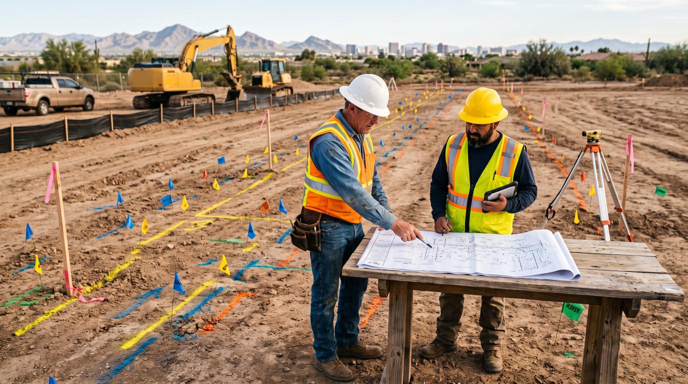 Construction contractors planning utility routes and marking underground services before work begins