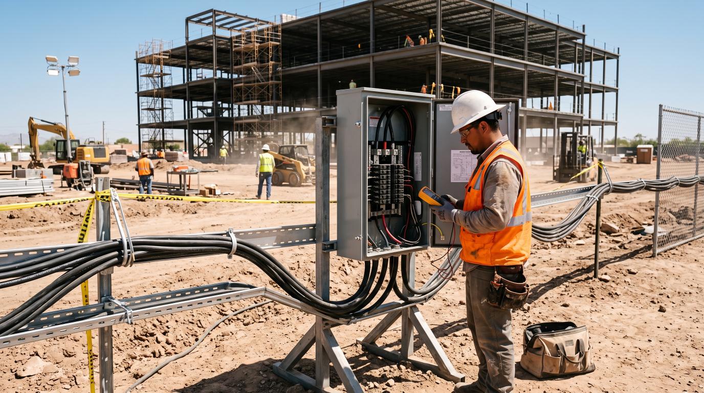 Electrician inspecting protected temporary power equipment at a construction site