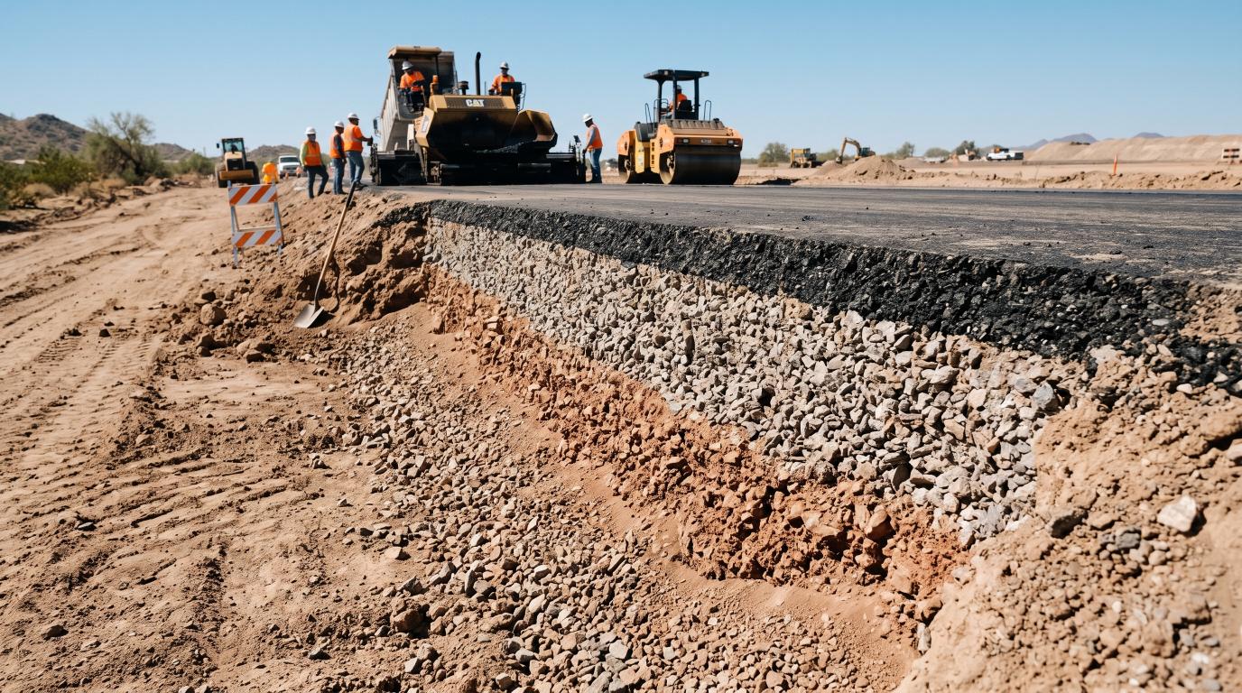Pavement layers showing asphalt, base, subbase, and compacted subgrade