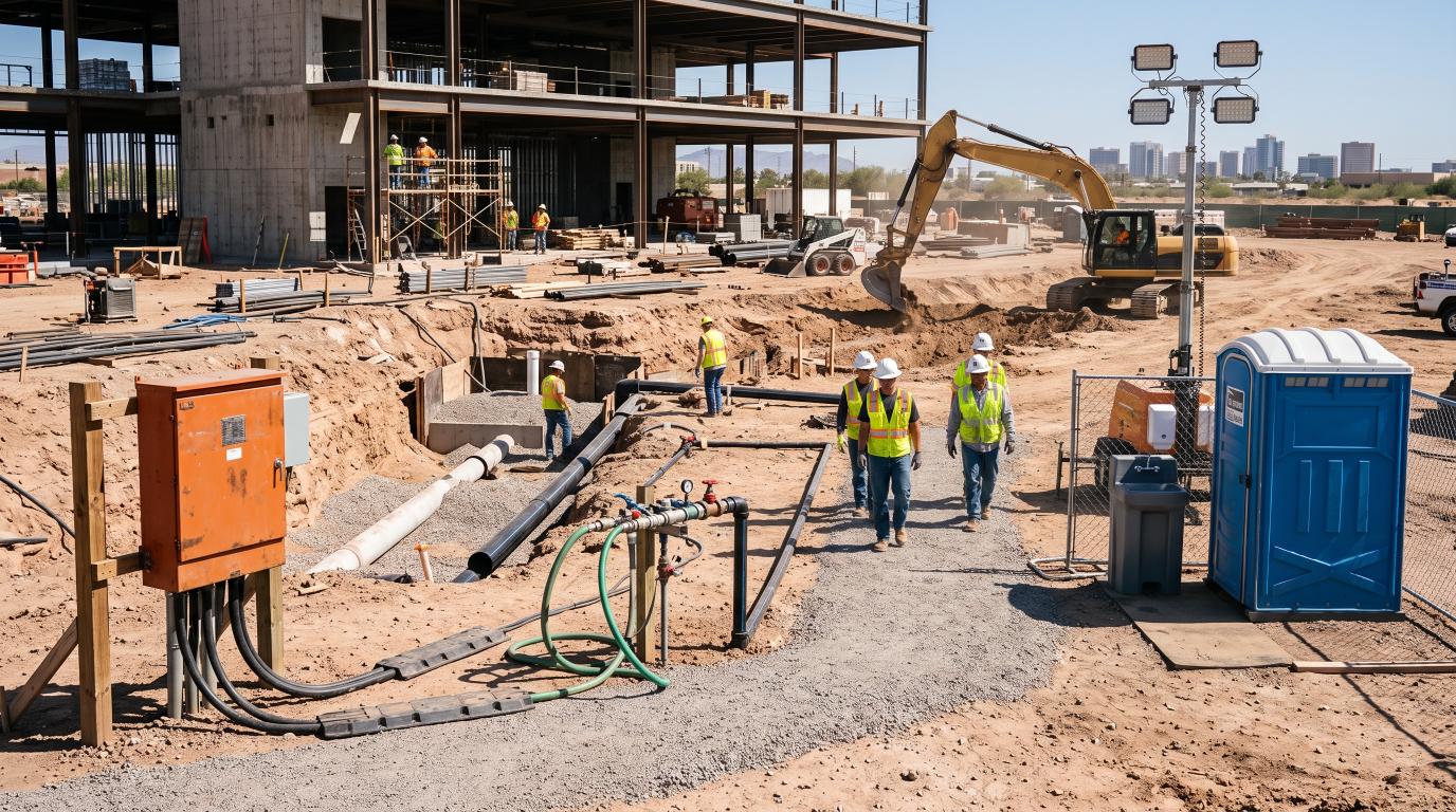 Essential construction site utilities including power, water, sanitation, lighting, and drainage