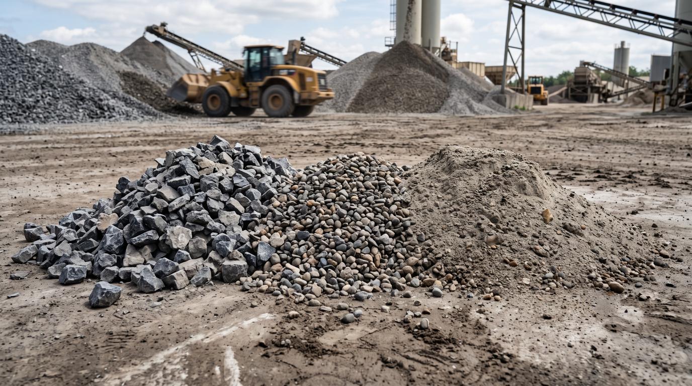Crushed stone, gravel, and sand aggregate used in asphalt mixtures.