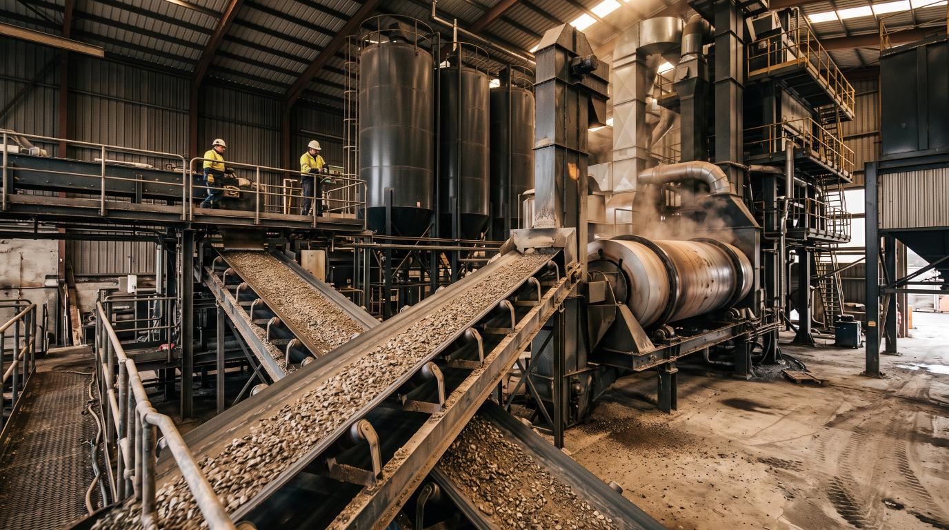 Aggregate materials moving through equipment during the asphalt manufacturing process.