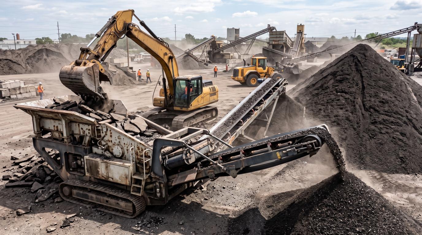 Reclaimed asphalt pavement being processed into recycled material for new asphalt mixtures.
