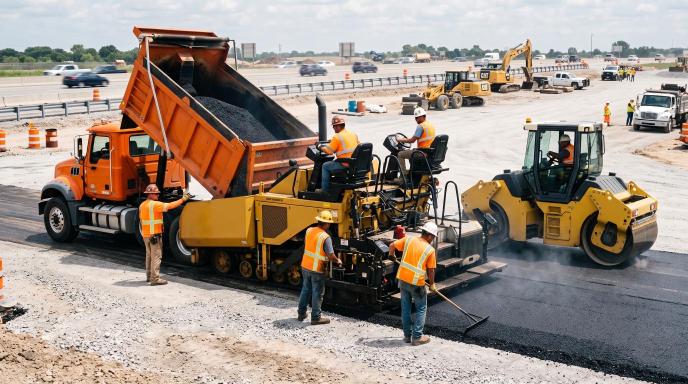 Fresh asphalt being placed and compacted during a professional paving project.