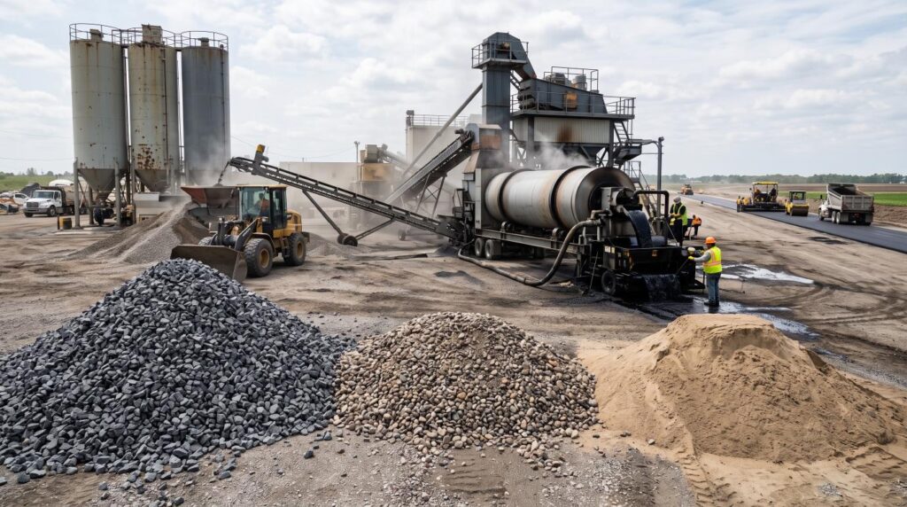 Raw aggregate materials and asphalt production equipment used to make asphalt pavement.